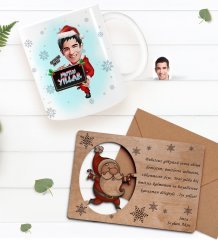 Kişiye Özel Happy New Year Kupa Bardak ve Retro Ahşap Yılbaşı Tebrik Kartı Hediye Seti-13C