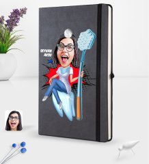 Kişiye Özel Kadın Diş Hekimi Karikatürlü Siyah Termo Deri Defter 16x24cm Model 3