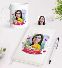 BK Gift Kişiye Özel Kadın Kimya Öğretmeni Karikatürlü Beyaz Defter Kalem Kupa Seti - 1
