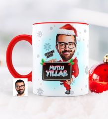 Kişiye Özel Yılbaşı Temalı Bay Karikatürlü Kırmızı Kupa Bardak - 1