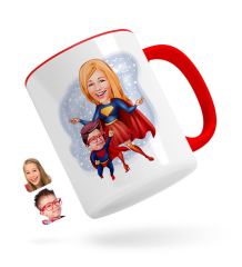 Kişiye Özel Süper Anne ve Çocuk Karikatürlü Kırmızı Kupa Bardak