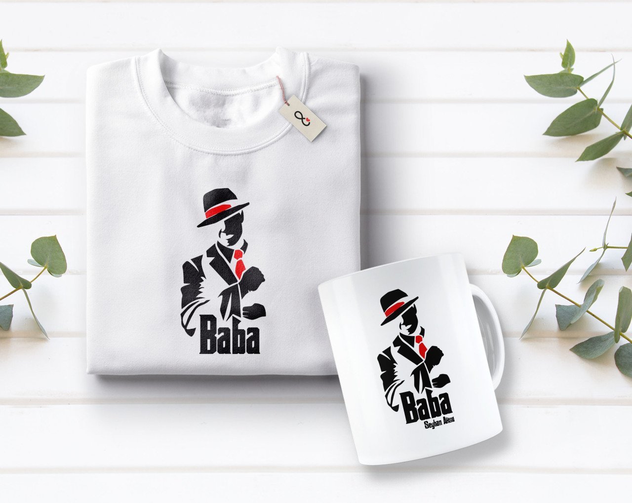 Kişiye Özel Baba Godfather Tasarımlı Beyaz Tişört ve Kupa Seti-9