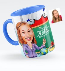 Kişiye Özel Bayan Öğretmen Karikatürlü Mavi Kupa Bardak - 1