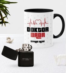 Kişiye Özel Doktor Baba Siyah Kupa Bardak Benzinli Metal Çakmak Seti-2