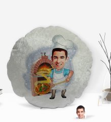 Kişiye Özel Erkek Kebapçı Karikatürlü Yuvarlak Dekoratif Kırlent Yastık-1