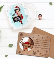 Kişiye Özel Happy New Year Kupa Bardak ve Retro Ahşap Yılbaşı Tebrik Kartı Hediye Seti-13B