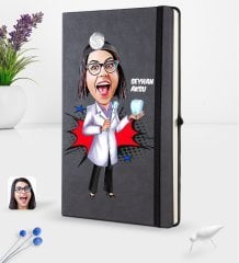 Kişiye Özel Kadın Diş Hekimi Karikatürlü Siyah Termo Deri Defter 16x24cm Model 2