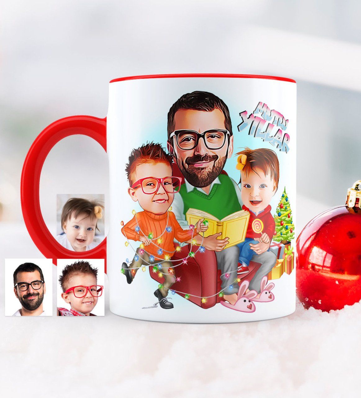 Kişiye Özel Yılbaşı Temalı Aile Karikatürlü Kırmızı Kupa Bardak - 1