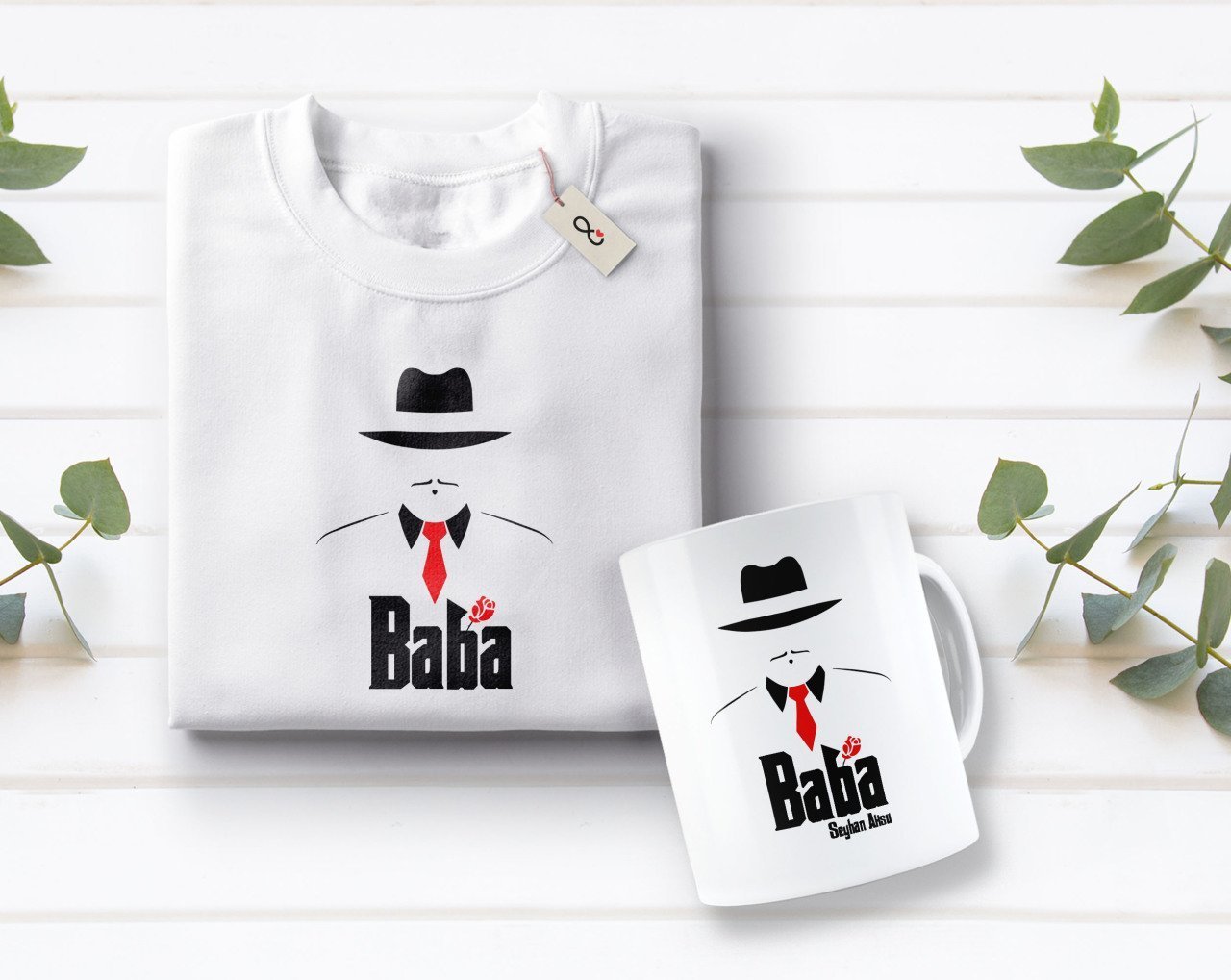 Kişiye Özel Baba Godfather Tasarımlı Beyaz Tişört ve Kupa Seti-8