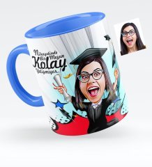 Kişiye Özel Bayan Mezun Karikatürlü Mavi Kupa Bardak - 1