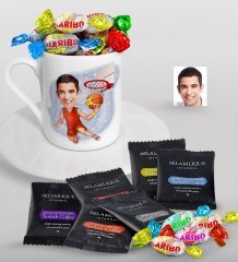 Kişiye Özel Bay Basketbolcu Karikatürlü Türk Kahvesi Fincanı Selamlique Karışık Türk Kahvesi ve Haribo Şeker Hediye Seti-1