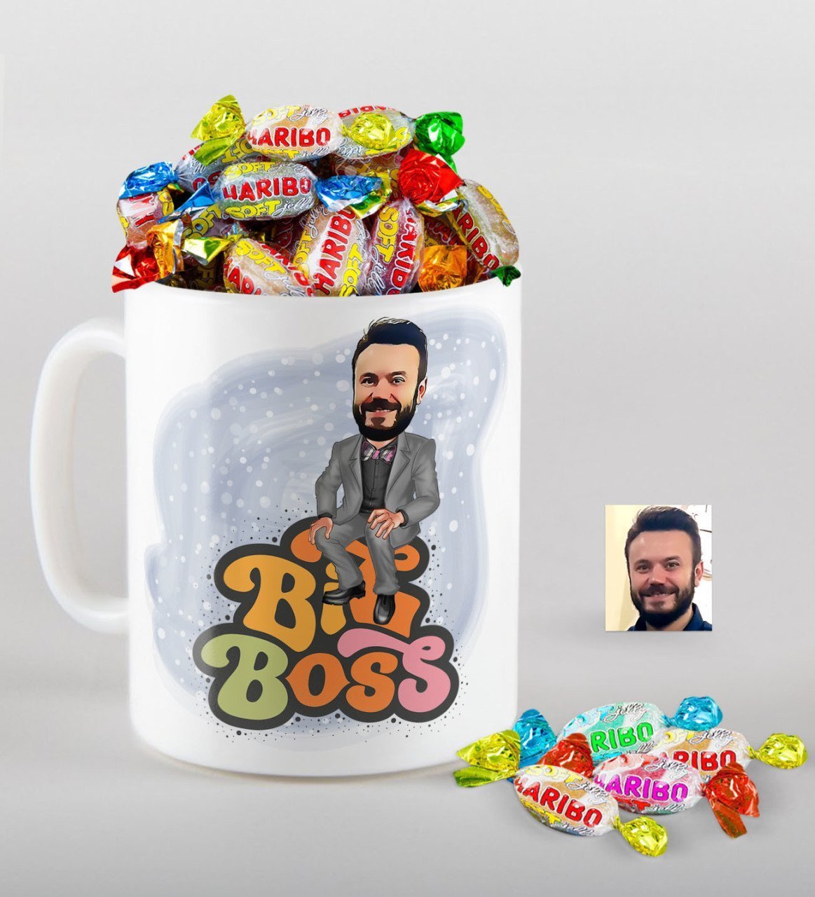 Kişiye Özel Bay Big Boss Karikatürlü Kupa ve Haribo Şeker Hediye Seti-3