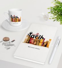 Kişiye Özel Tarih Öğretmeni Beyaz Defter Kalem Türk Kahvesi Fincanı Seti-2
