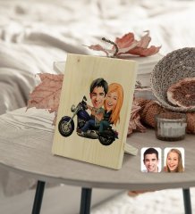 Kişiye Özel Motorcu Sevgililer Karikatürlü Dekoratif Ahşap Çerçeve Model 1