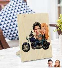 Kişiye Özel Motorcu Sevgililer Karikatürlü Dekoratif Ahşap Çerçeve Model 1