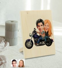 Kişiye Özel Motorcu Sevgililer Karikatürlü Dekoratif Ahşap Çerçeve Model 1
