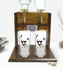 Kişiye Özel Renkli Baskılı Atatürk Tasarımlı İkili Rakı Bardağı ve Çift Musluklu Doğal Ahşap Rakı Standı-25