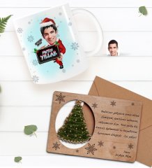 Kişiye Özel Happy New Year Kupa Bardak ve Retro Ahşap Yılbaşı Tebrik Kartı Hediye Seti-13A