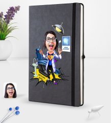 Kişiye Özel Kadın Diş Hekimi Karikatürlü Siyah Termo Deri Defter 16x24cm Model 1