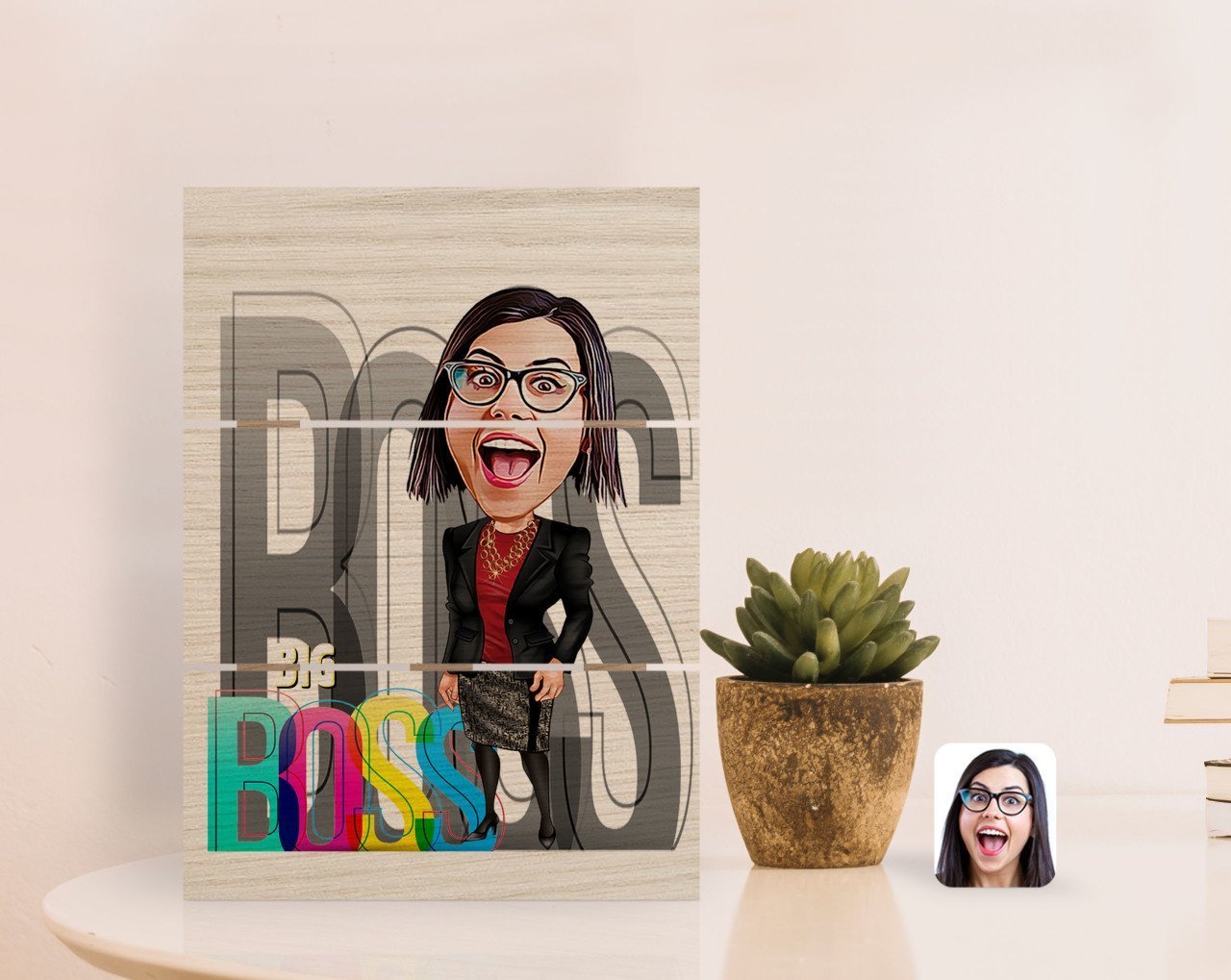 Kişiye Özel Kadın Big Boss Karikatürlü Otantik Masaüstü Ahşap Palet Çerçeve-1