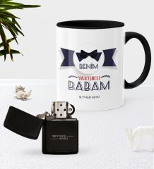 Kişiye Özel Benim Yakışıklı Babam Siyah Kupa Bardak Benzinli Metal Çakmak Seti