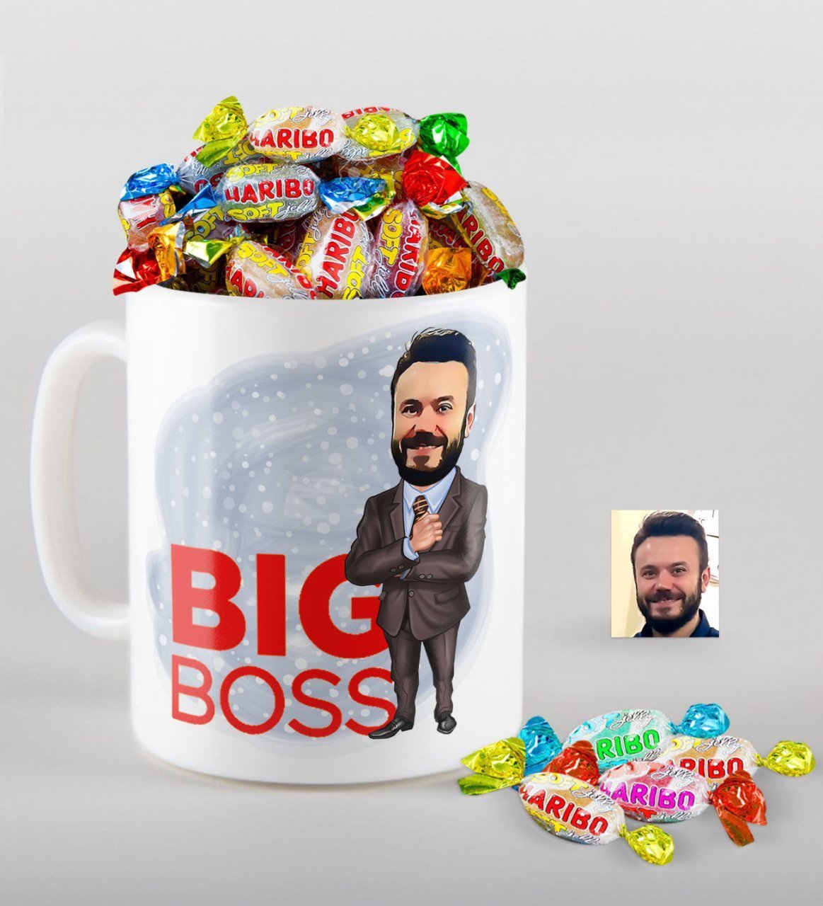 Kişiye Özel Bay Big Boss Karikatürlü Kupa ve Haribo Şeker Hediye Seti-2