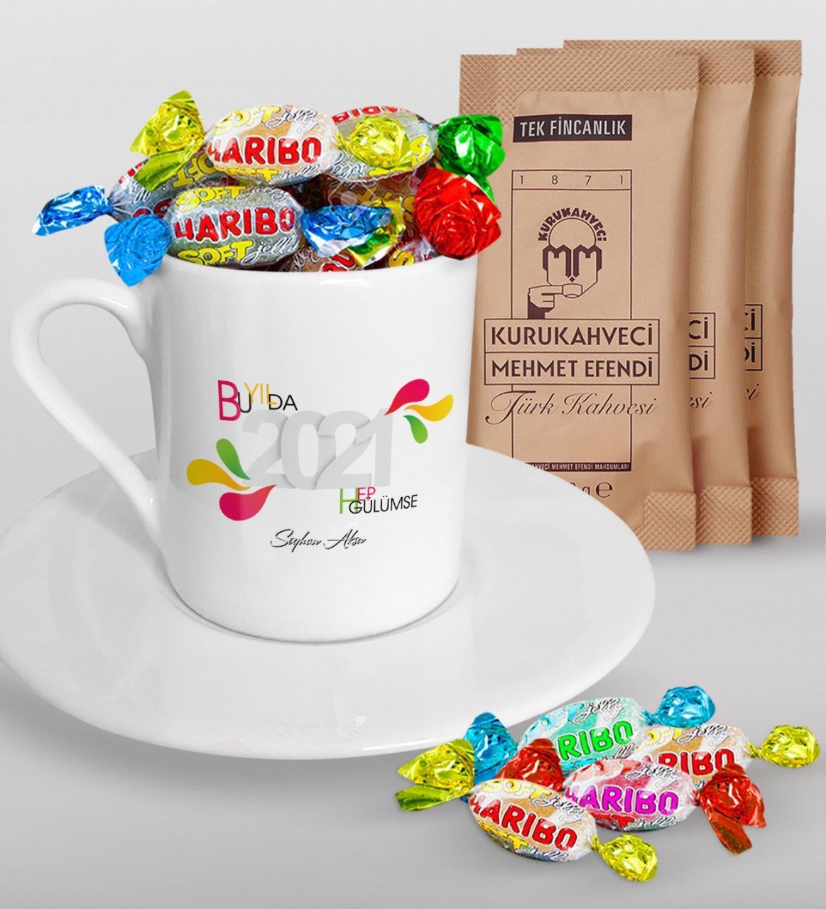BK Gift Kişiye Özel 2023 Bu Yılda Hep Gülümse Türk Kahvesi Fincanı Mehmet Efendi Kahve ve Haribo Şeker Hediye Seti-1
