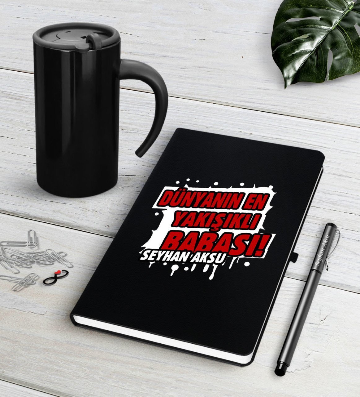 Kişiye Özel Dünyanın En Yakışıklı Babası Siyah Defter Kalem Termos Mug Seti-1