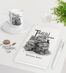 Kişiye Özel Tarih Öğretmeni Beyaz Defter Kalem Türk Kahvesi Fincanı Seti-1