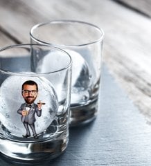 Kişiye Özel Renkli Baskılı Erkek Patron Karikatürlü Viski Bardağı