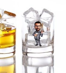 Kişiye Özel Renkli Baskılı Erkek Patron Karikatürlü Viski Bardağı