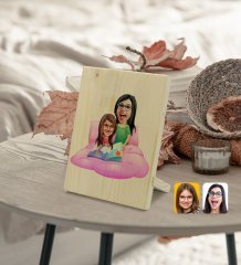 Kişiye Özel Anne Kız Karikatürlü Dekoratif Ahşap Çerçeve Model 3