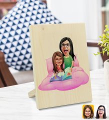 Kişiye Özel Anne Kız Karikatürlü Dekoratif Ahşap Çerçeve Model 3