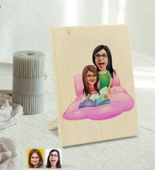 Kişiye Özel Anne Kız Karikatürlü Dekoratif Ahşap Çerçeve Model 3
