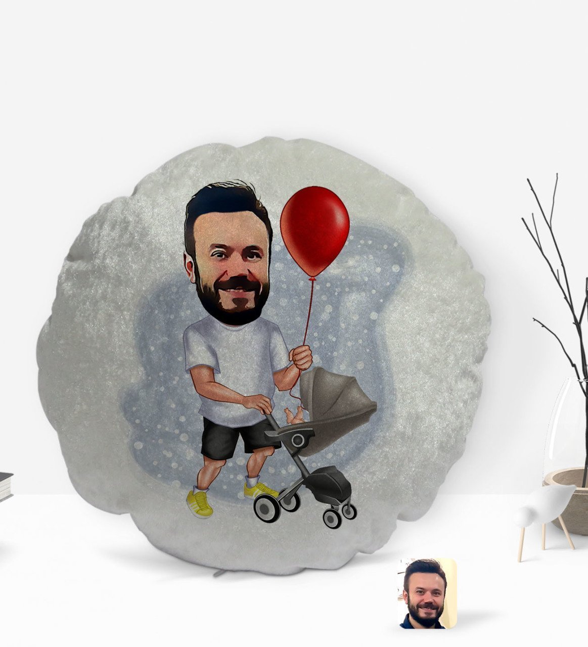 Kişiye Özel Aile Babası Karikatürlü Yuvarlak Dekoratif Kırlent Yastık-2