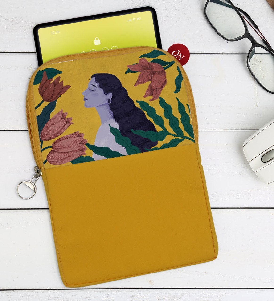 BK Gift Woman Art Tasarımlı Taşınabilir Koruyucu Tablet Kılıfı & Organizer Çanta - Sarı-1