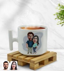 Kişiye Özel Sevgililer Karikatürlü T Kulplu Beyaz Middle Kupa Bardak-109