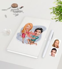 Kişiye Özel Sevgililer Karikatürlü Beyaz Defter Kalem Seti-19