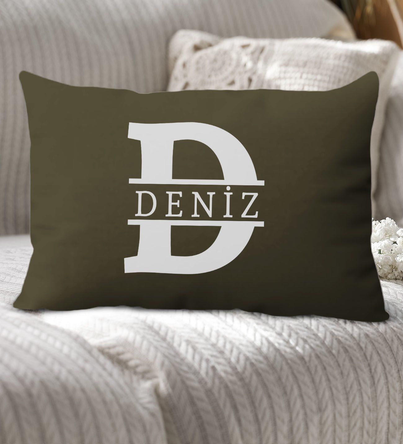 BK Gift Kişiye Özel Harfli Premium Kumaş Haki Dikdörtgen Kırlent Yastık-1, Arkadaşa Hediye, Ev Hediyesi, Doğum Günü Hediyesi