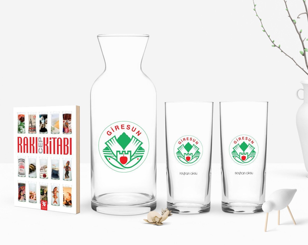 Kişiye Özel Renkli Baskılı Giresun Tasarımlı Turistik İkili Rakı Bardağı Karaf ve Cep Kitabı Hediye Seti-1