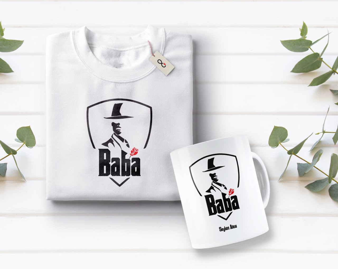 Kişiye Özel Baba Godfather Tasarımlı Beyaz Tişört ve Kupa Seti-6