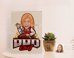 Kişiye Özel Kadın Barbekü Chef Karikatürlü Otantik Masaüstü Ahşap Palet Çerçeve-1