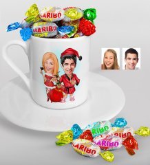 Kişiye Özel Yeni Yıl Sevgililer Karikatürlü Türk Kahvesi Fincanı ve Haribo Şeker Hediye Seti-5