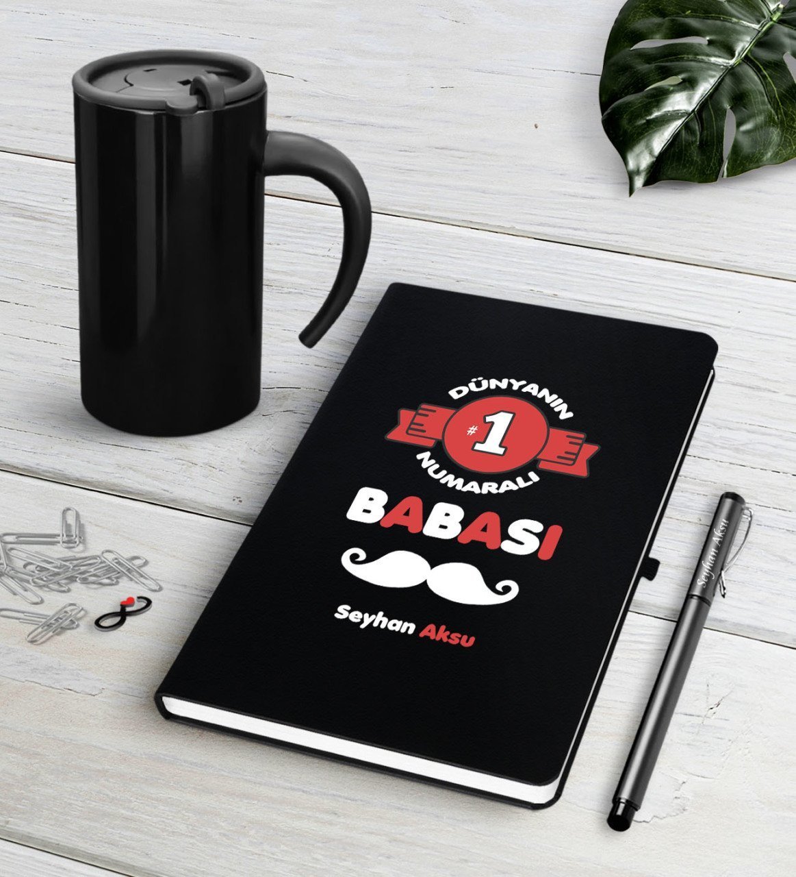 Kişiye Özel Dünyanın 1 Numaralı Babası Siyah Defter Kalem Termos Mug Seti