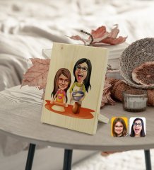 Kişiye Özel Anne Kız Karikatürlü Dekoratif Ahşap Çerçeve Model 2