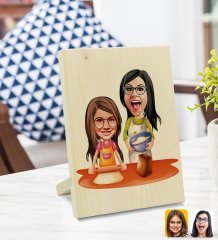 Kişiye Özel Anne Kız Karikatürlü Dekoratif Ahşap Çerçeve Model 2