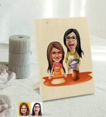 Kişiye Özel Anne Kız Karikatürlü Dekoratif Ahşap Çerçeve Model 2