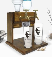 Kişiye Özel Renkli Baskılı Atatürk Tasarımlı İkili Rakı Bardağı ve Çift Musluklu Doğal Ahşap Rakı Standı-23