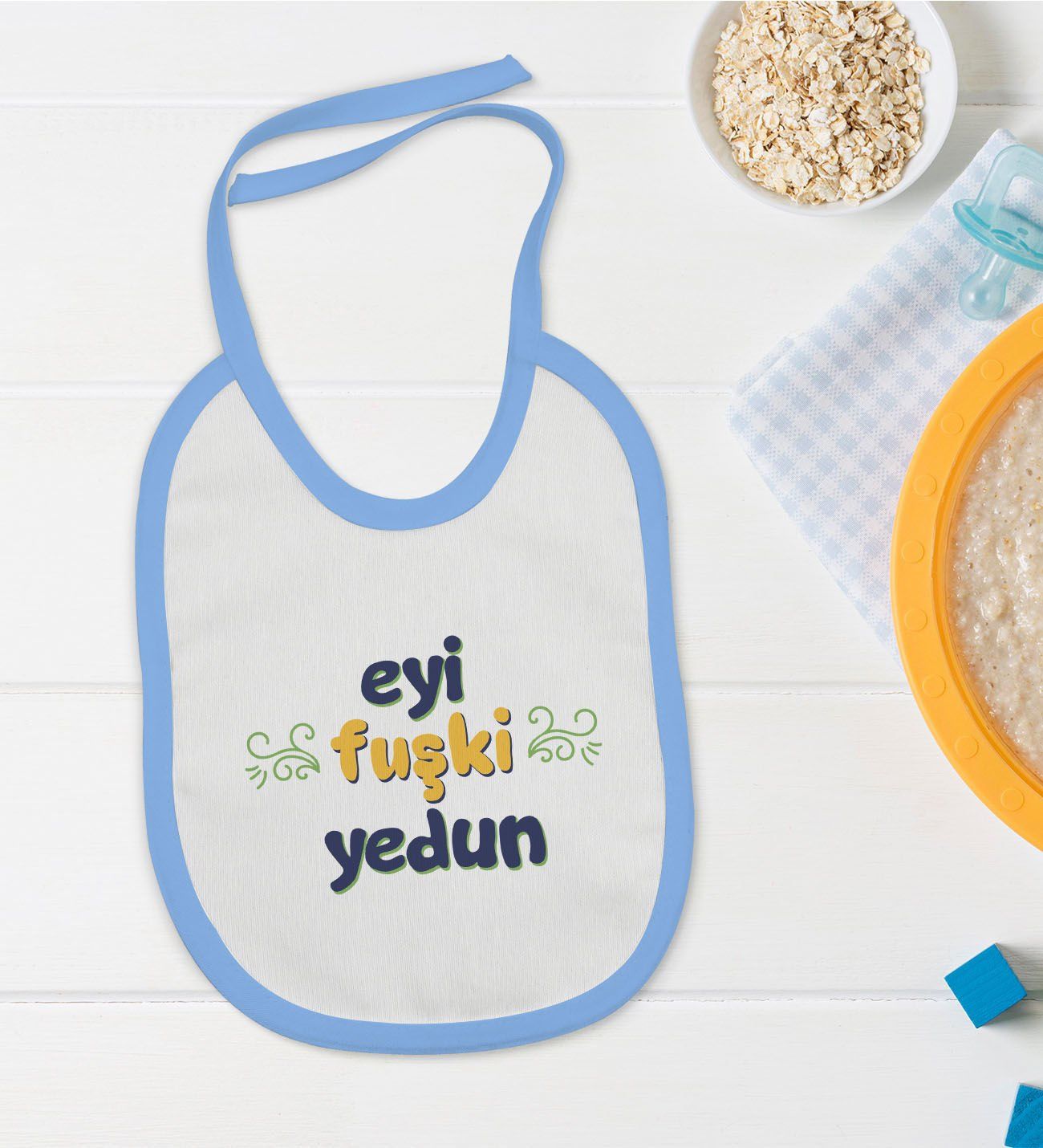 BK Kids Eyi Fuşki Yedun Tasarımlı Mavi Bebek Mama Önlüğü-1