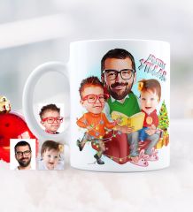 Kişiye Özel Yılbaşı Temalı Aile Karikatürlü Beyaz Kupa Bardak - 1